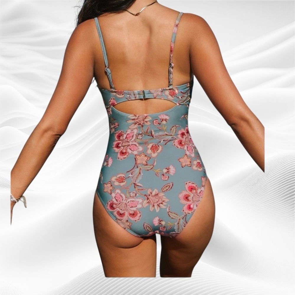 NWT Cupshe Blue Floral Twist One Piece Swimsuit Modest Tummy Control Bathing XS - Picture 2 of 12